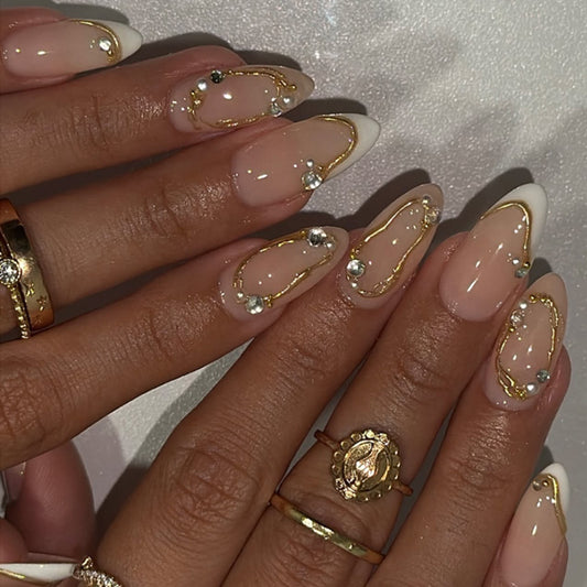 Glamorous Elegance Medium Almond Soft Pink with Gold Detail and Rhinestones Press On Nail Set