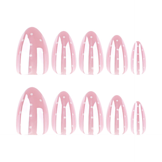 Whimsical Garden Charming Pink Short Almond Shape Press On Nail Set with Unique Polka Dot Design