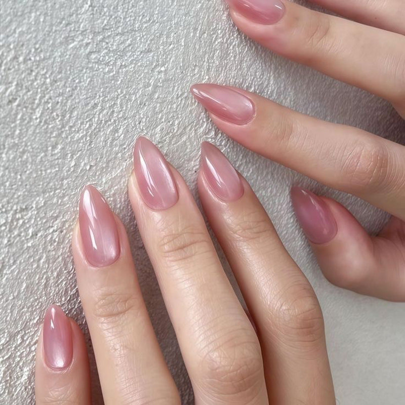 Celestial Elegance Medium Almond Blush Pink Glossy Press On Nail Set with Iridescent Shine