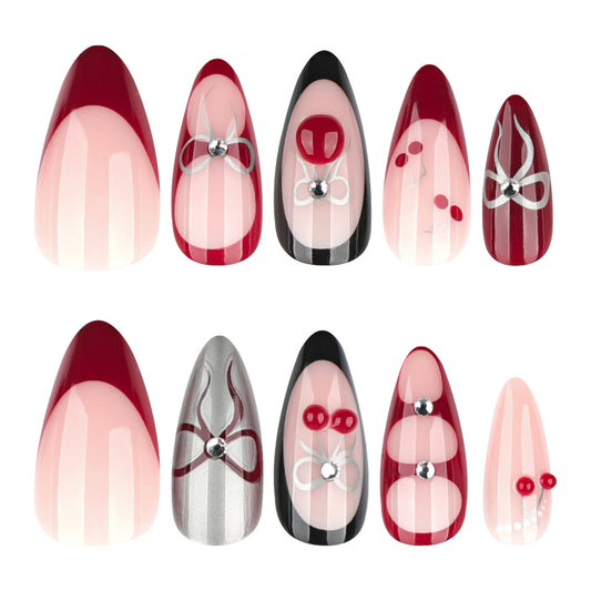 Enchanting Glamour Long Almond Red and Pink Ombre with Dazzling Rhinestone Accents Press On Nail Set