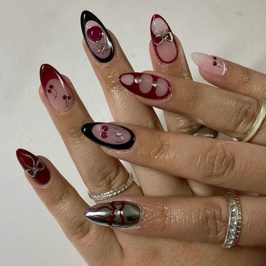 Chic Cherry Blossom Long Almond Red and Black Press On Nail Set with Elegant Metallic Accents