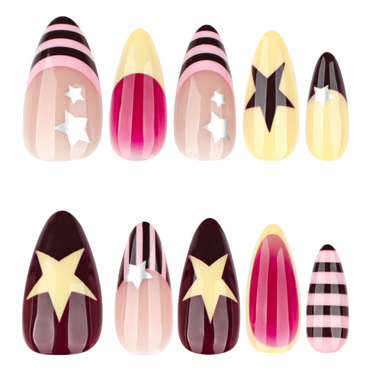 Celestial Glamour Long Almond Shaped Pink and Burgundy Striped Nail Set with Star Accents