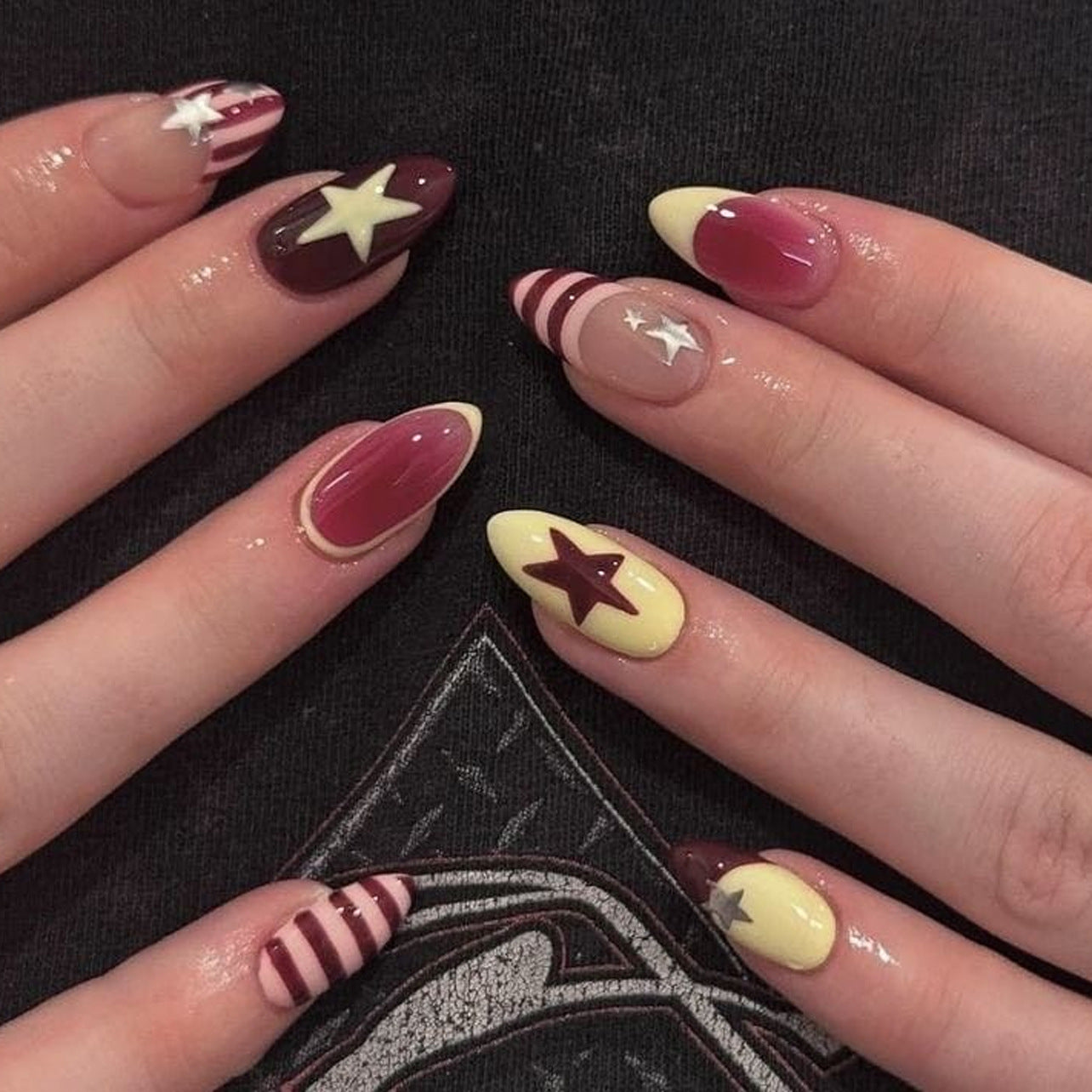 Starry Night Dream Long Almond Burgundy and Yellow Color Block Press on Nail Set with Chic Star Accents