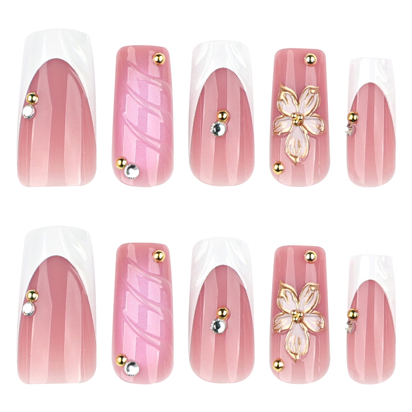 Chic Blossom Dream Long Square Pink Press On Nail Set with Elegant Metallic Accents and Floral Embellishments