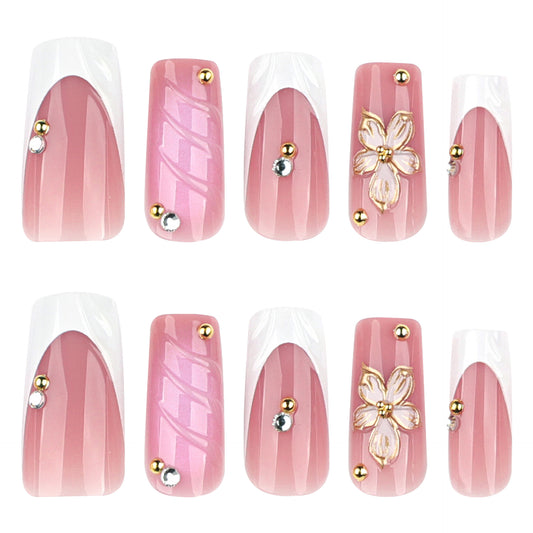 Chic Blossom Dream Long Square Pink Press On Nail Set with Elegant Metallic Accents and Floral Embellishments