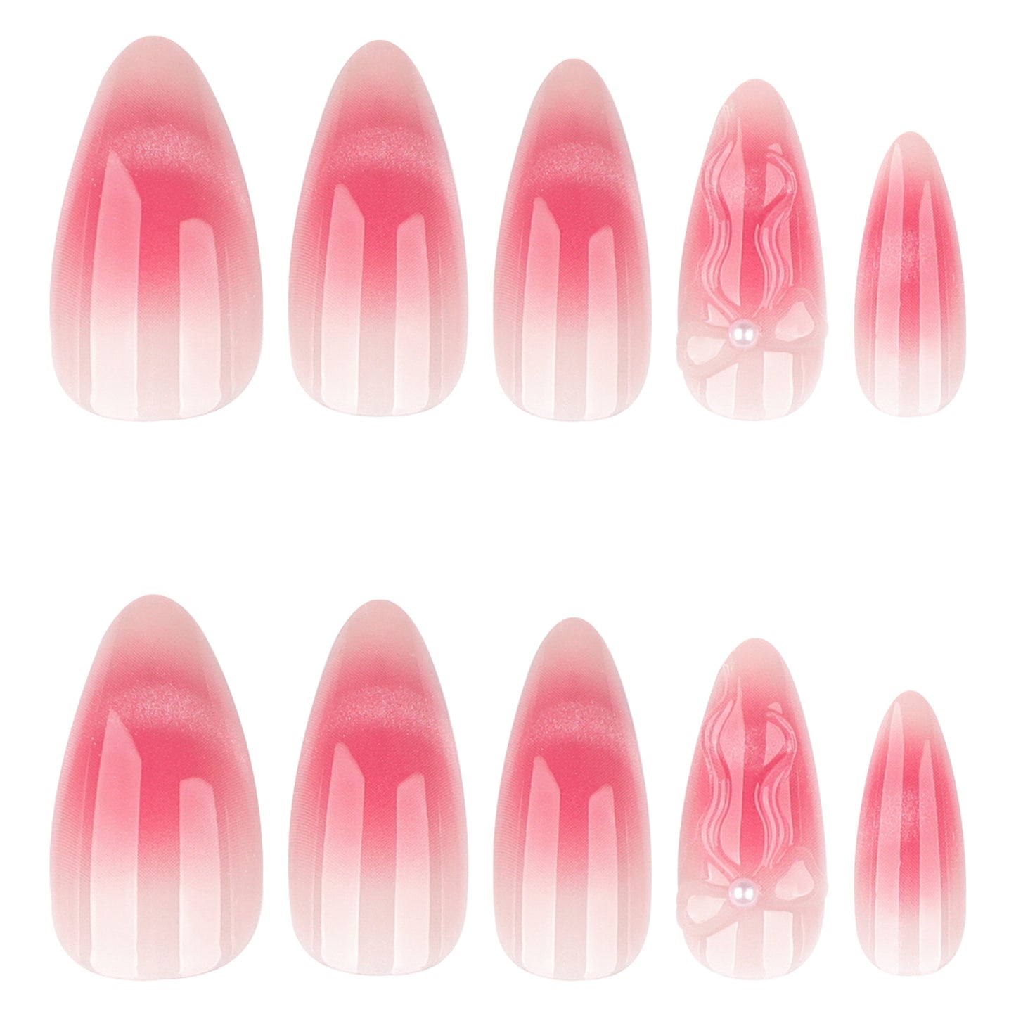 Charming Blossom Elegant Long Almond Ombre Pink Press On Nail Set with Adorable Bow Accent