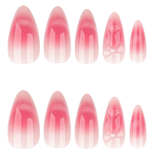 Charming Blossom Elegant Long Almond Ombre Pink Press On Nail Set with Adorable Bow Accent