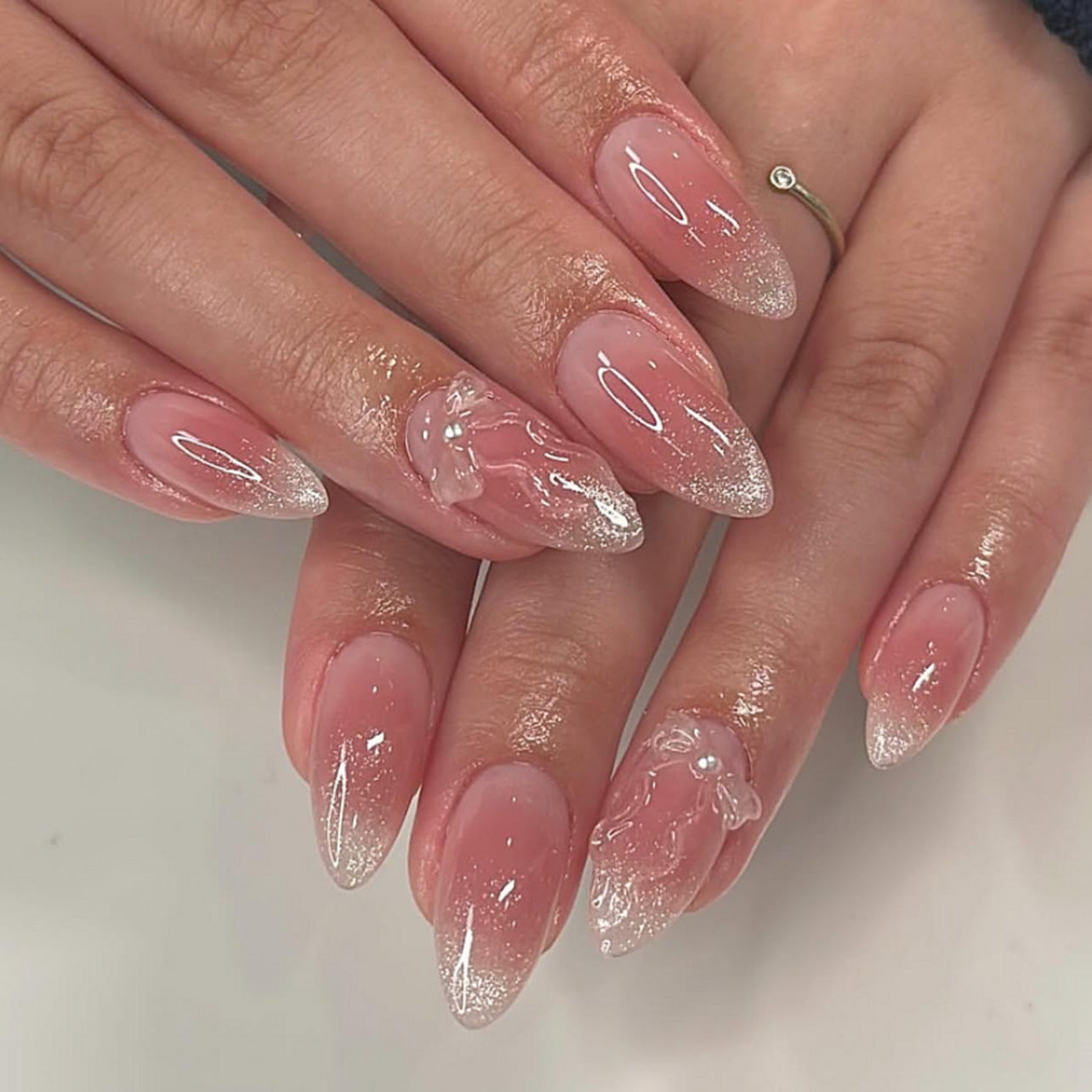 Whimsical Cherry Blossom Press On Nail Set Medium Almond Shaped Soft Pink with Delicate Floral Accents