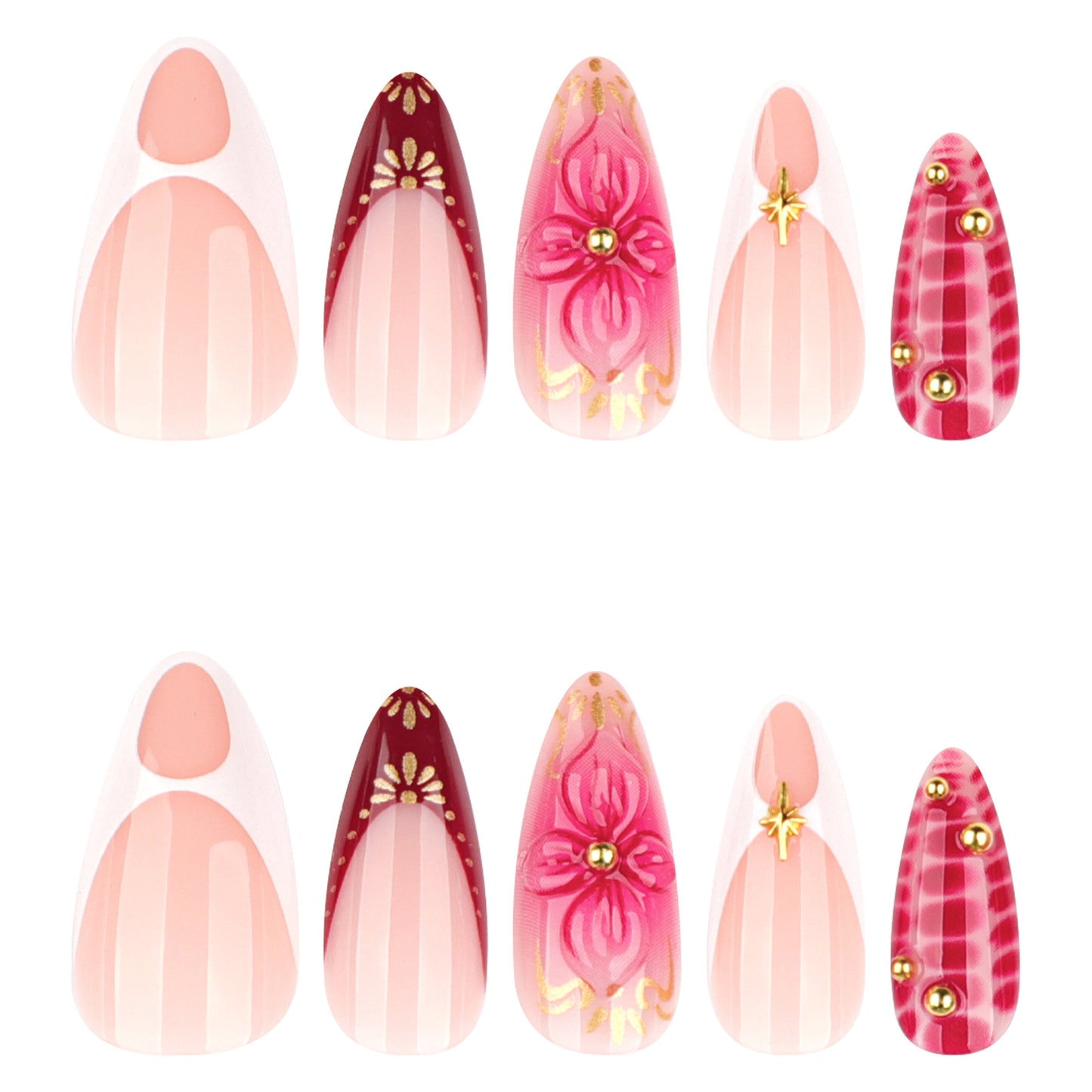 Blossoming Elegance Press-On Nail Set in Long Almond Shape with Soft Pink and Rich Red Colors Featuring Floral Designs and Gold Accents