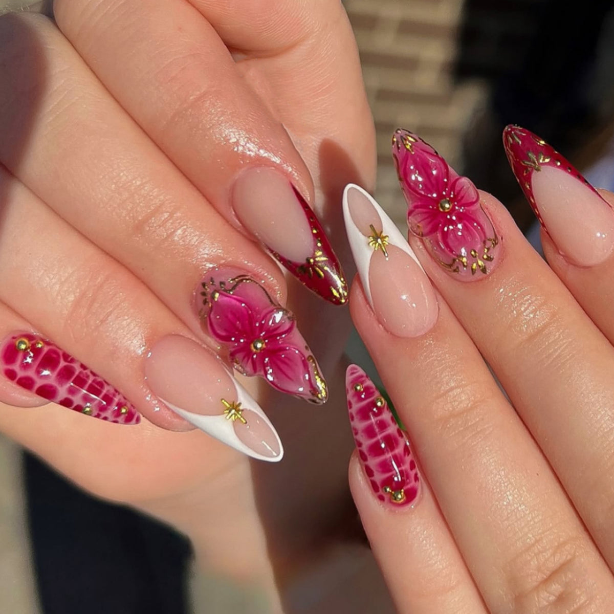 Floral Elegance Long Almond Pink with Intricate Flower Design Press On Nail Set