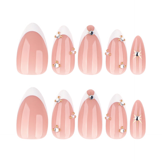 Glamorous Elegance Short Almond Pink Press On Nail Set with Dazzling Gem Accents