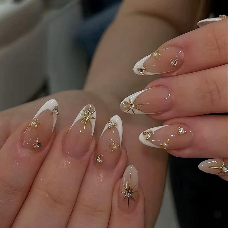 Celestial Chic Long Almond White Press on Nail Set with Dazzling Gemstone Accents