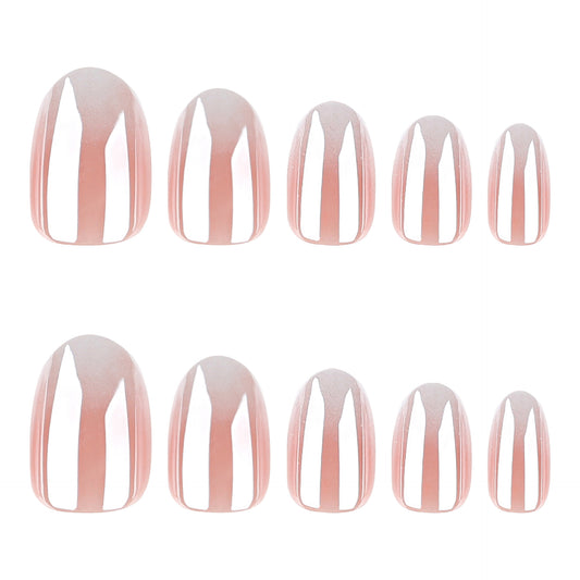 Elegant Blossom Medium Oval Pink Gradient Press On Nail Set with Glossy Striped Design