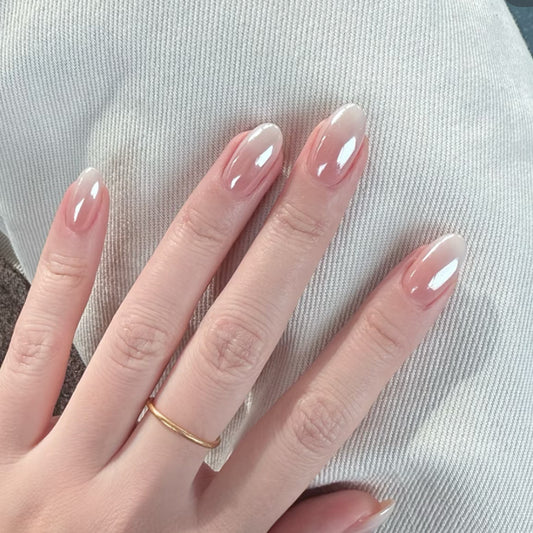 Elegant Blossom Medium Oval Beige Gradient Press On Nail Set with Glossy Finish