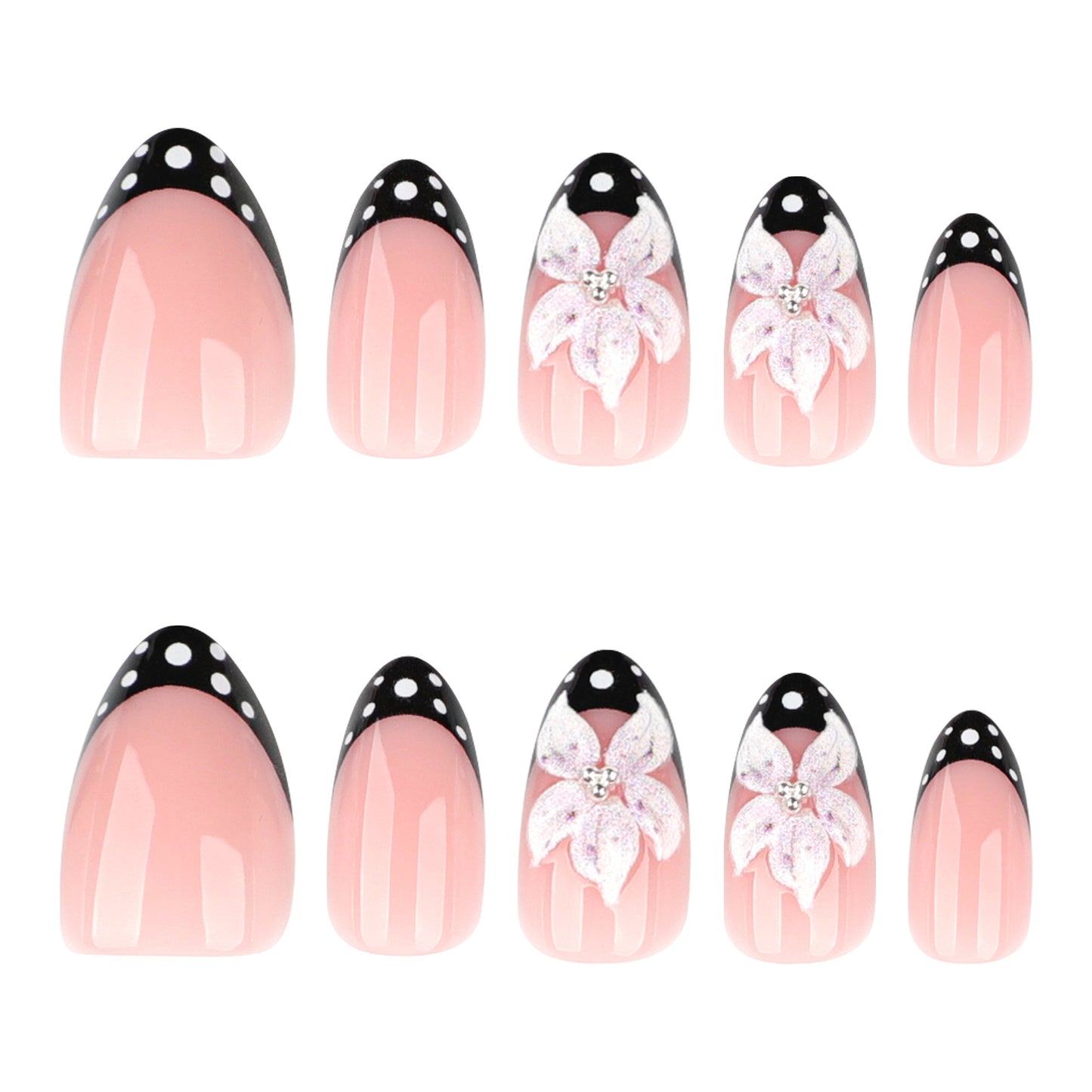 Blossom Delight Chic Medium Almond Pink and Black Flower Press On Nail Set