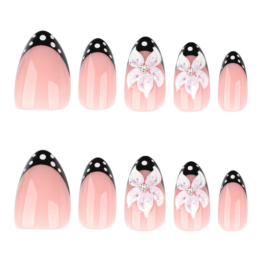 Blossom Delight Chic Medium Almond Pink and Black Flower Press On Nail Set
