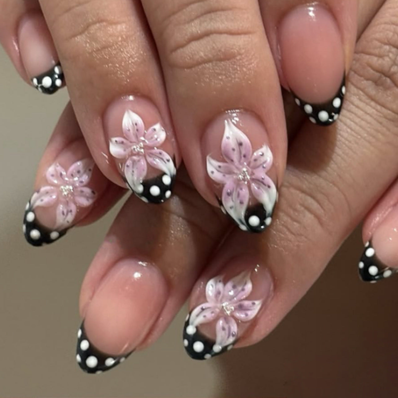 Floral Fantasy Medium Almond Black and White Design with Delicate Flower Accents Press On Nail Set
