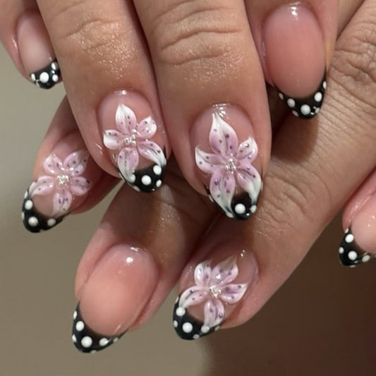 Floral Fantasy Medium Almond Black and White Design with Delicate Flower Accents Press On Nail Set