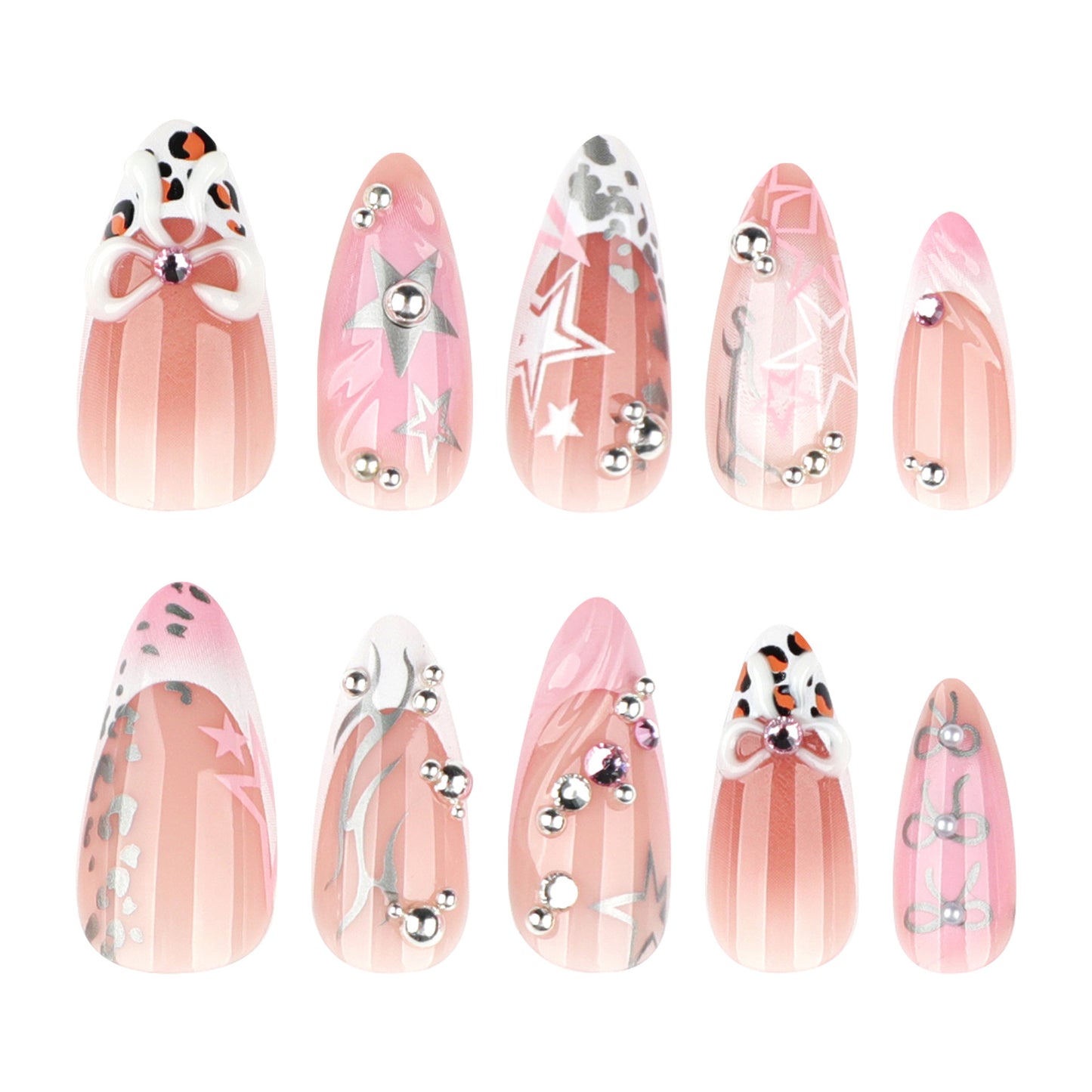 Enchanted Glamour Long Almond Pink Ombre Nails with Charming 3D Embellishments
