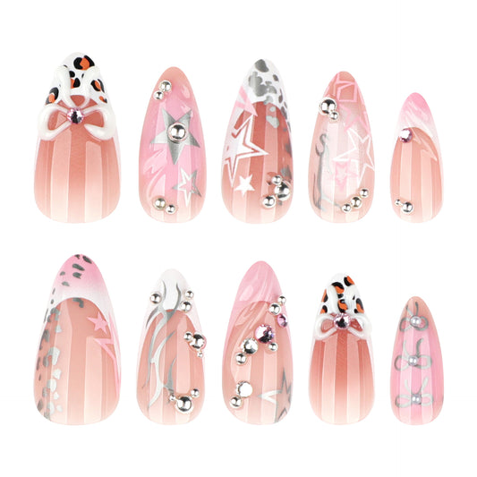 Enchanted Glamour Long Almond Pink Ombre Nails with Charming 3D Embellishments