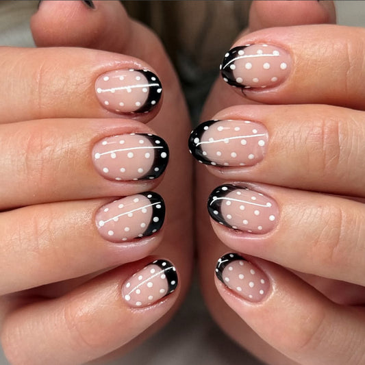 Elegant Chic Short Squoval Beige with Black Tips and White Polka Dots Nail Set