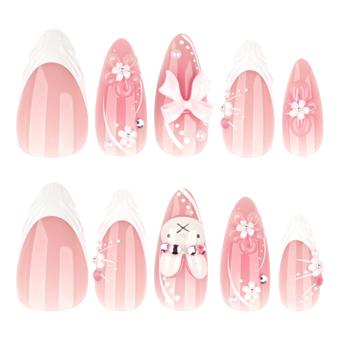 Whimsical Pink Ombre Medium Almond Nail Set with Floral and Bow Embellishments