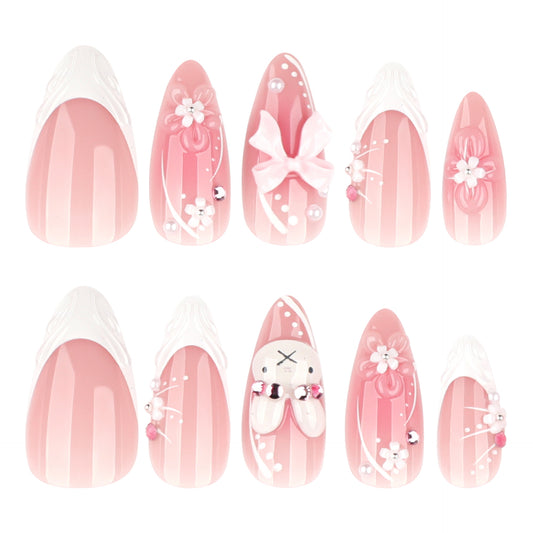 Whimsical Pink Ombre Medium Almond Nail Set with Floral and Bow Embellishments