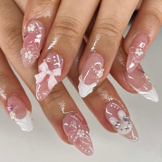 Charming Floral Elegance Long Almond Pink with Delicate Embellishments