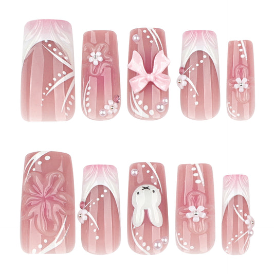 Charming Floral Fantasy Long Square Soft Pink Press On Nail Set with Unique Bow and Bunny Accents