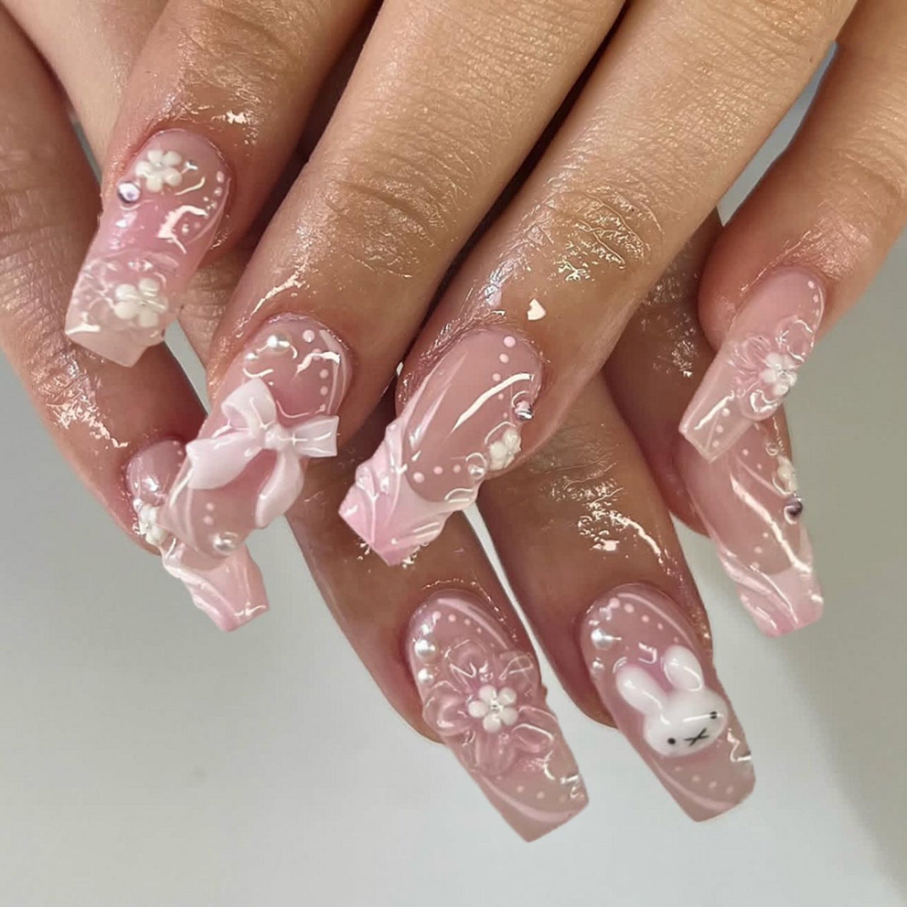 Charming Bunny Garden Long Square Pink Press On Nail Set with Floral and Bow Embellishments