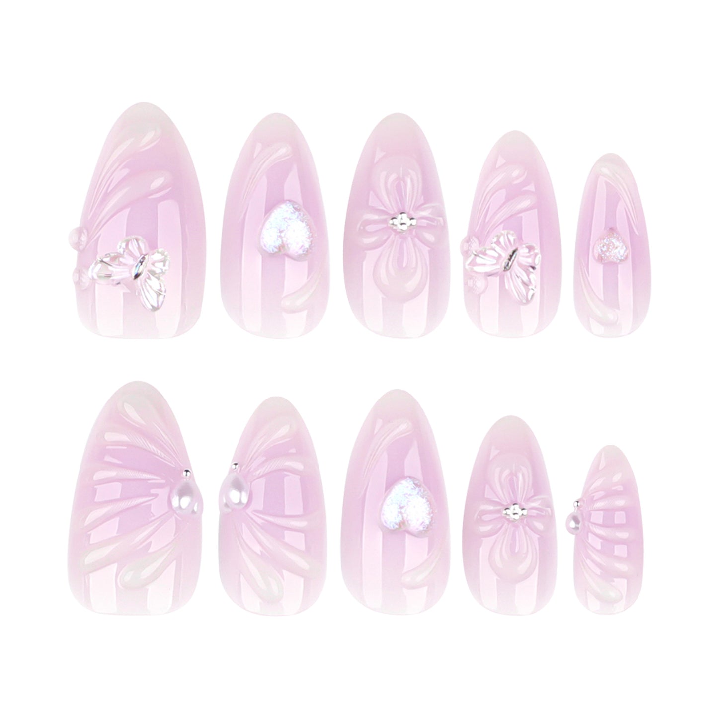 Whimsical Dreams Medium Almond Pale Pink Nail Set with Charming Floral Embellishments