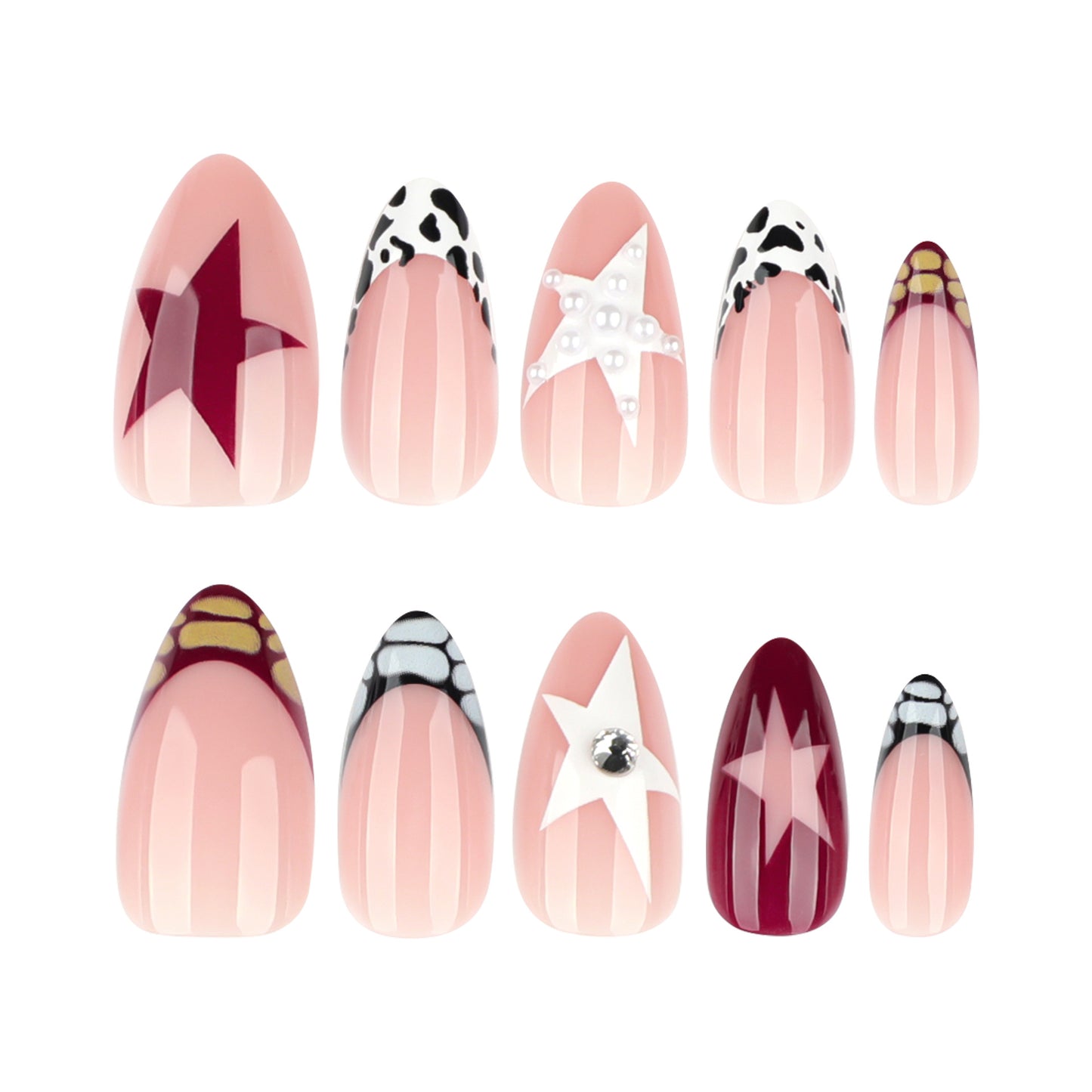 Starry Night Glamour Medium Almond Pink Press-On Nail Set with Unique Star and Animal Print Accents