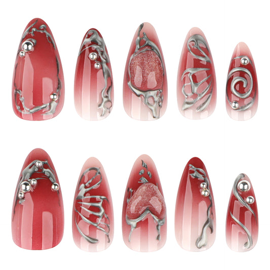 Glamorous Romance Long Almond Shaped Rosé Red Press On Nail Set with Intricate Silver Detailing