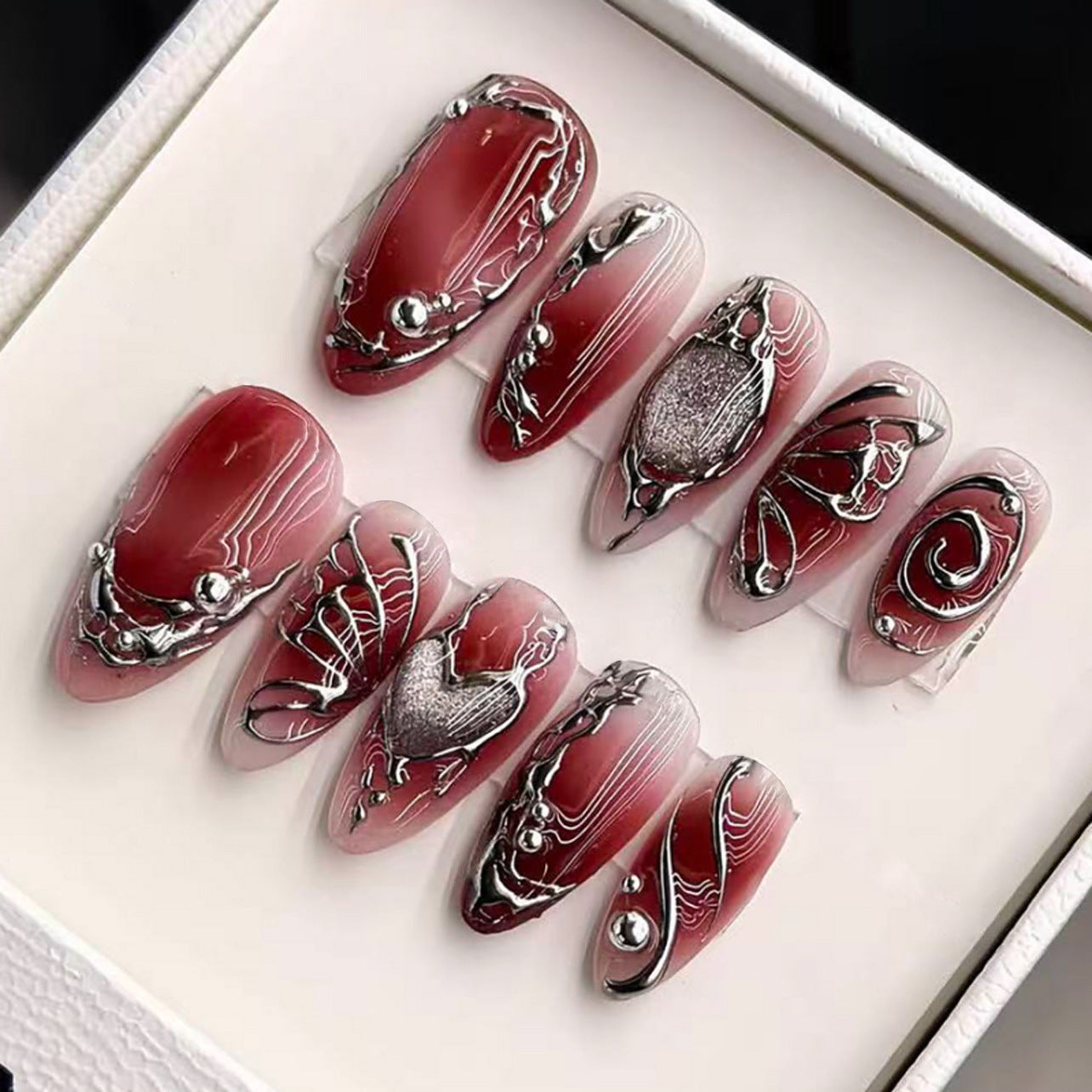 Elegant Romance Long Almond Red Press-On Nail Set with Intricate Silver Detailing