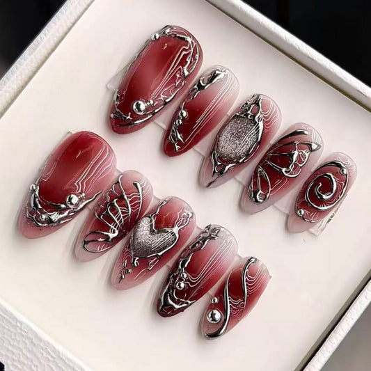 Elegant Romance Long Almond Red Press-On Nail Set with Intricate Silver Detailing