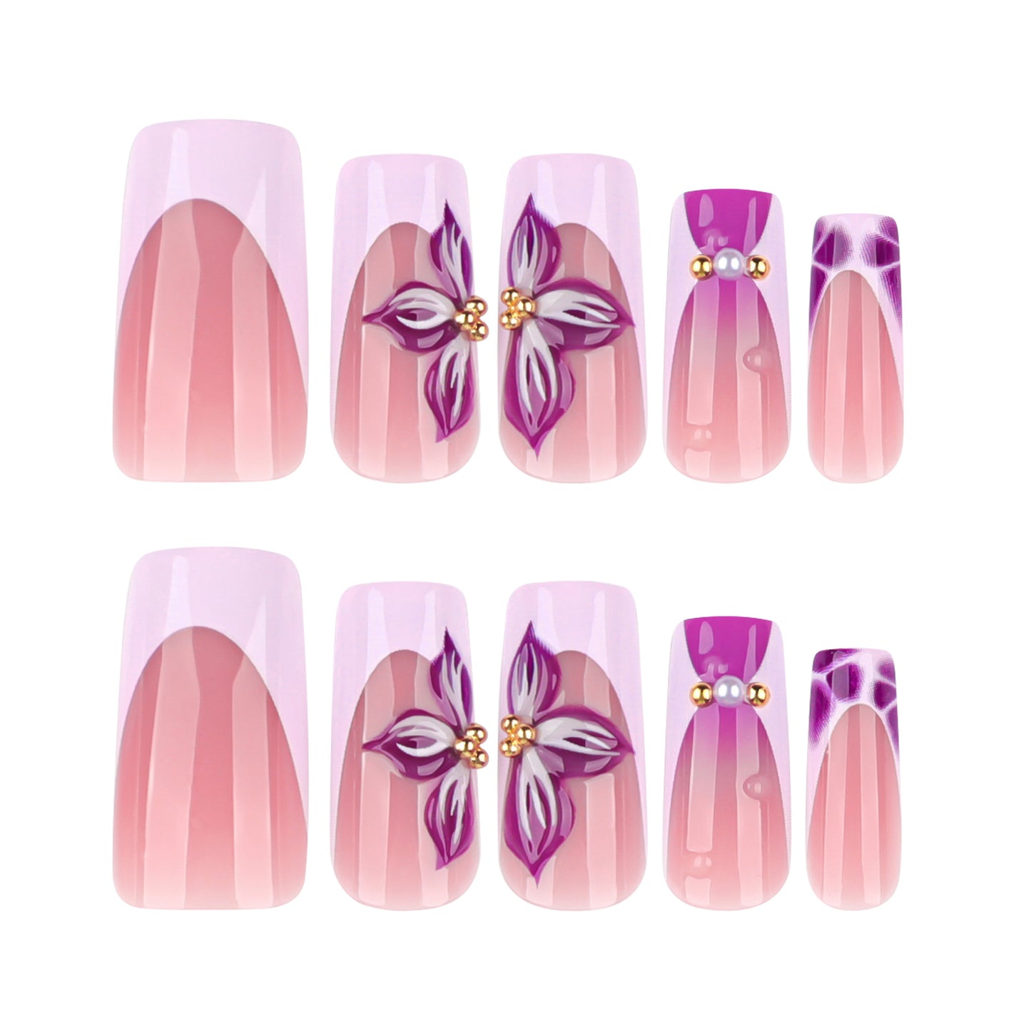 Glamorous Floral Dreams Long Square Pink Press On Nail Set with Elegant Gold Accents and Artistic Petal Designs