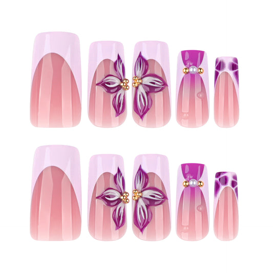 Glamorous Floral Dreams Long Square Pink Press On Nail Set with Elegant Gold Accents and Artistic Petal Designs
