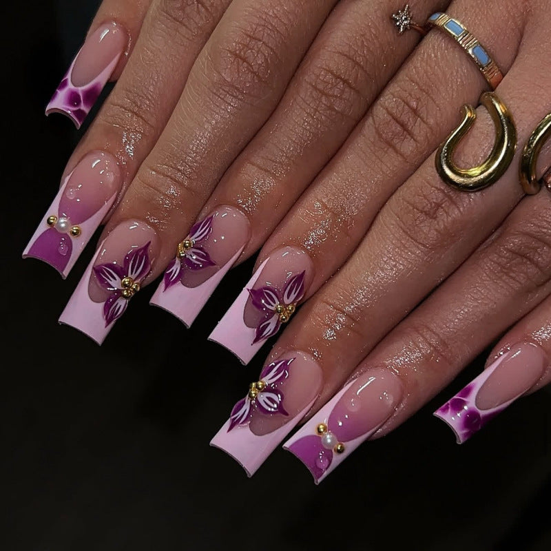 Whimsical Floral Fantasy Long Square Pink and Purple Press On Nail Set with Elegant Gold Accents