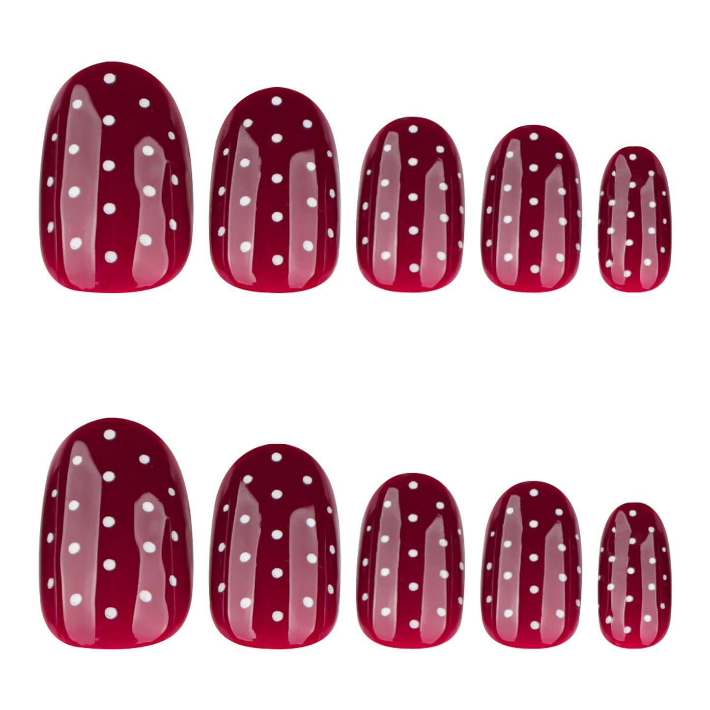 Chic Polka Dot Glamour Medium Oval Burgundy Nail Set Featuring Unique Glossy Finish and Playful Design
