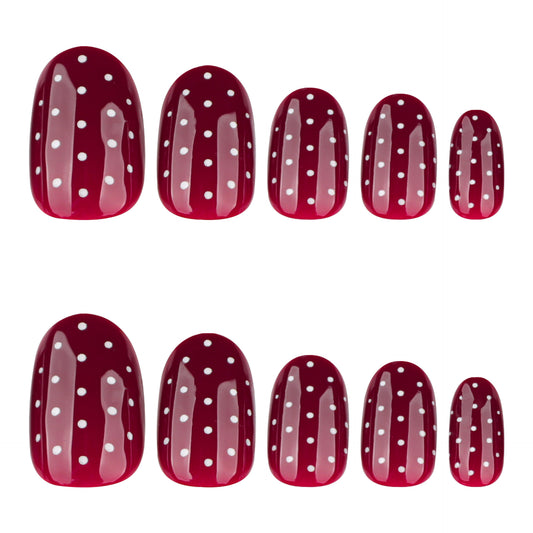 Chic Polka Dot Glamour Medium Oval Burgundy Nail Set Featuring Unique Glossy Finish and Playful Design