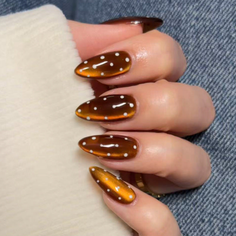 Autumn Breeze Medium Almond Brown Ombre Nail Set with White Dots