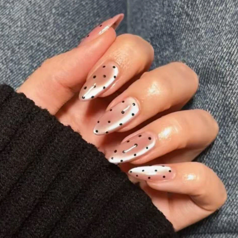 Chic Elegance Long Almond Blush Pink with Dainty Black Dots Nail Set