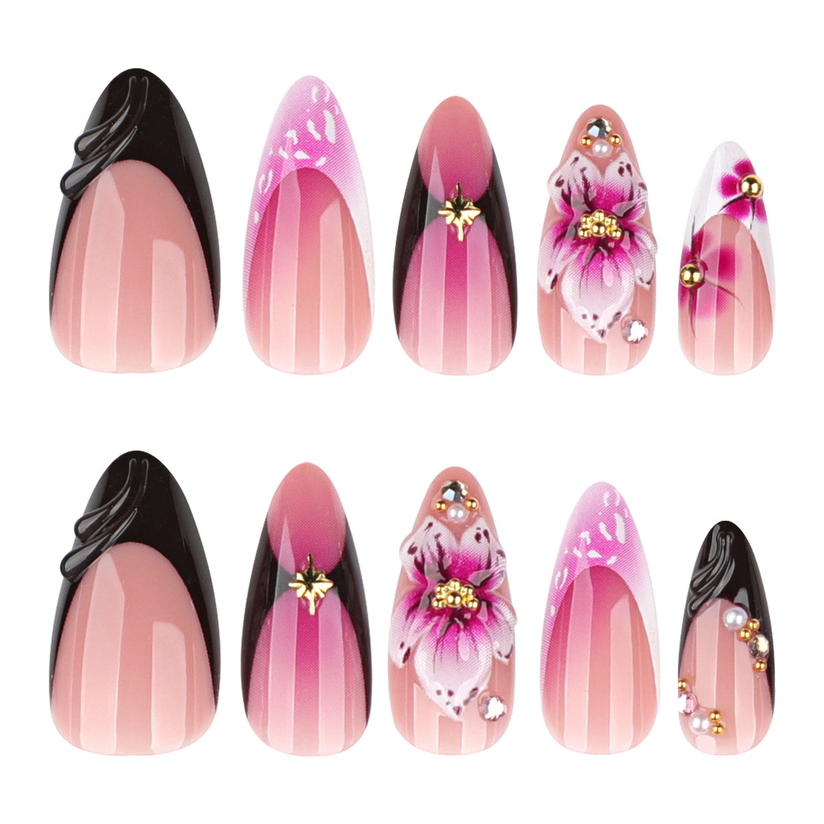 Floral Elegance Medium Almond Pink Ombre with Unique Floral Design