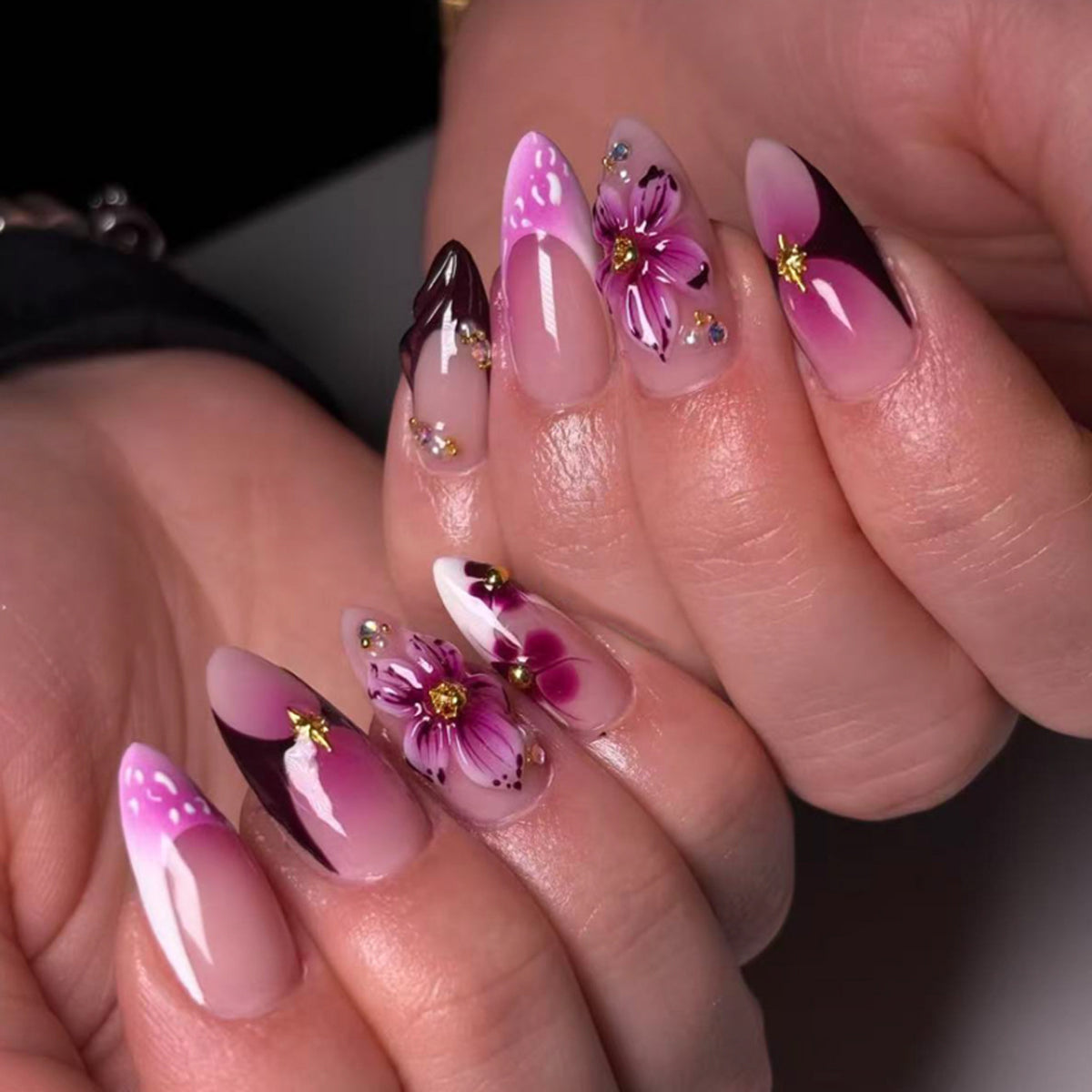 Floral Fantasy Medium Almond Purple Ombre with Delicate Embellishments Nail Set