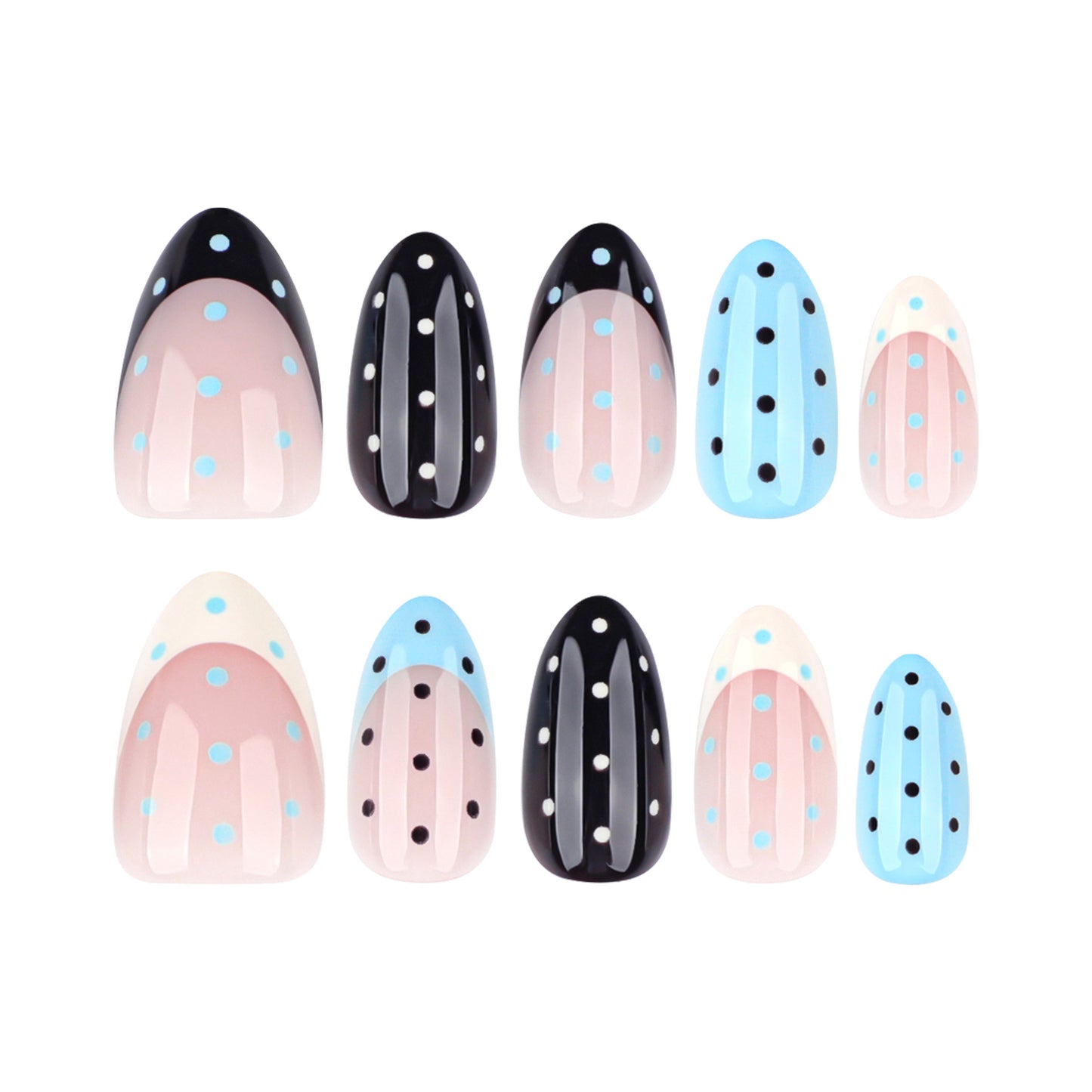 Charming Dotted Medium Almond Shape Colorful Press On Nail Set with Glossy Finish