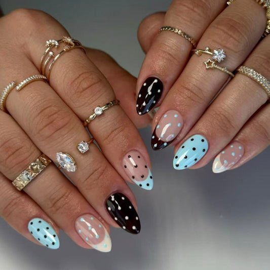 Chic Dots Medium Almond Blue and Black with Whimsical Polka Dots Press On Nail Set