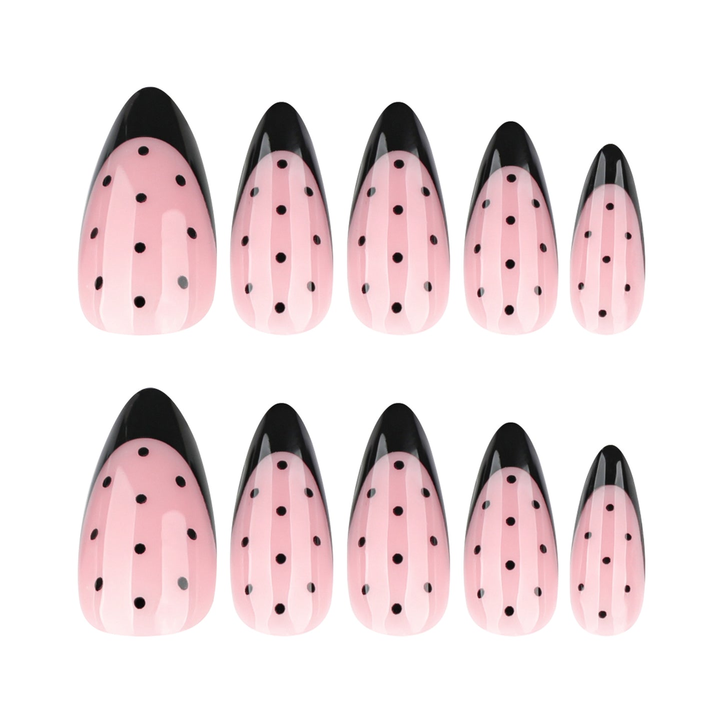 Chic Ladybug Inspired Press On Nail Set Long Stiletto Shape Pink with Black Dots and Glossy Finish