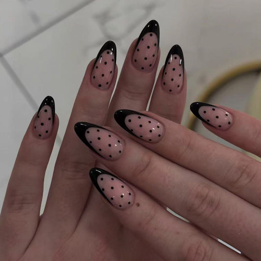Glamorous Elegance Long Almond Pink and Black Polka Dot Press-On Nail Set