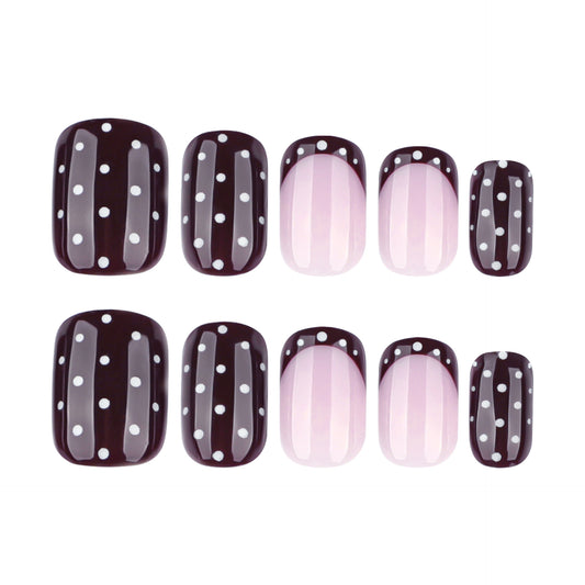 Chic Polka Dot Fantasy Short Square Dark Brown and Soft Pink Press On Nail Set with Glossy Finish