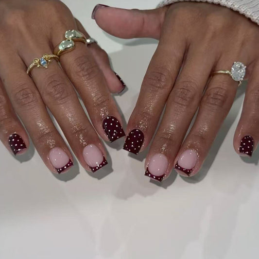 Chic Autumn Vibes Short Square Burgundy and Beige Press On Nail Set with Charming Dots